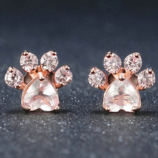 Fashion Girls Cute Bear Footprints Heart Cut Opal CZ Stud Earrings Rose Gold Jewelry