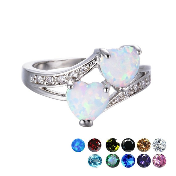 Birthstone Rings Romantic Double Heart Cut Gemstone Blue White Opal Rainbow Topaz Crystal Ring White Gold Jewelry Wish