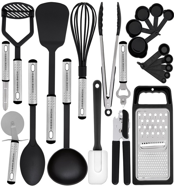 27 Pcs Silicone Non-stick Cooking Utensils Fungun Kitchen Utensil Set Kitchen Gadgets Cookware Set Best Kitchen Tool Set —Black Grey Kitchen Utensils with Spatula 