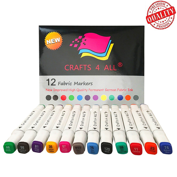 Crafts 4 All Fabric Markers Pens Permanent 12 Pack Dual Tip Minimal Bleed Rich Paint Color Pigment Fine Graffiti Fabric Pens