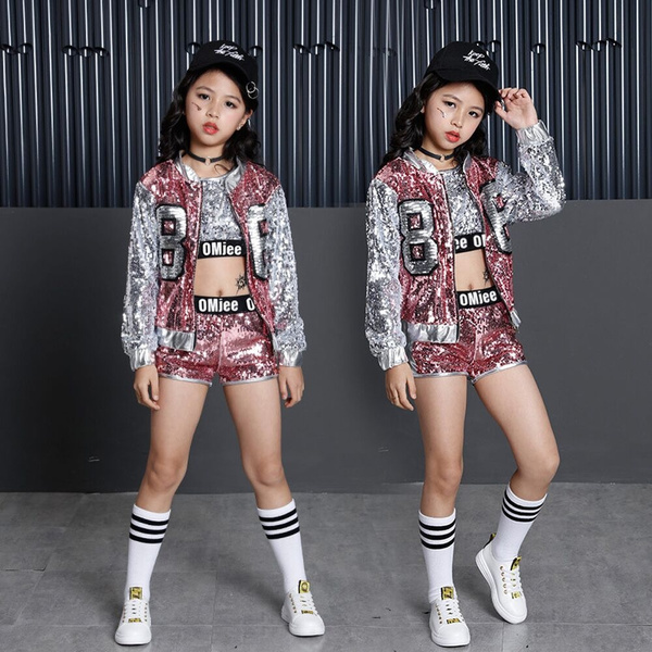 Children Girls Sequins Hip hop Costume Hiphop Dance Clothing Set 