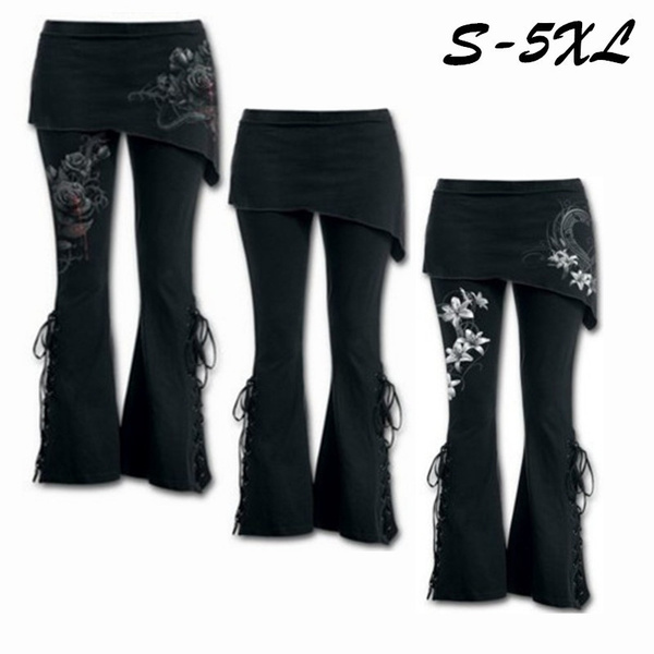Women 2 In 1 Boot Cut Leggings Pants with Micro Slant Skirt Gothic Punk  Lace Up Bell Bottom Leggings Sports Yoga Pants
