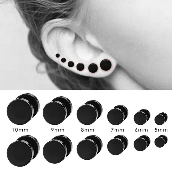 Steel Cheater Fake Ear Plugs Gauges Tunnel 10mm Mens Women Black Circle Stud Earrings Blue Glitter