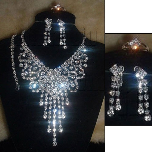 Luxury Bridal Silver Rhinestone Crystal Necklace Earrings Bracelet Ring ...
