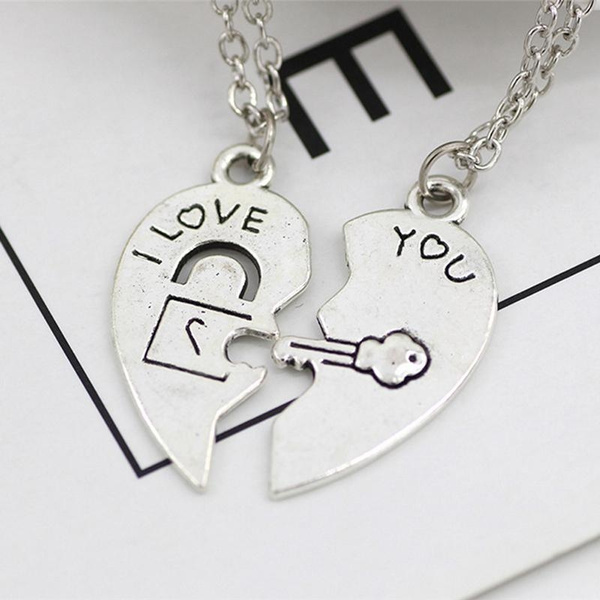 Love Heart Lock Key Couple Pendant Necklac