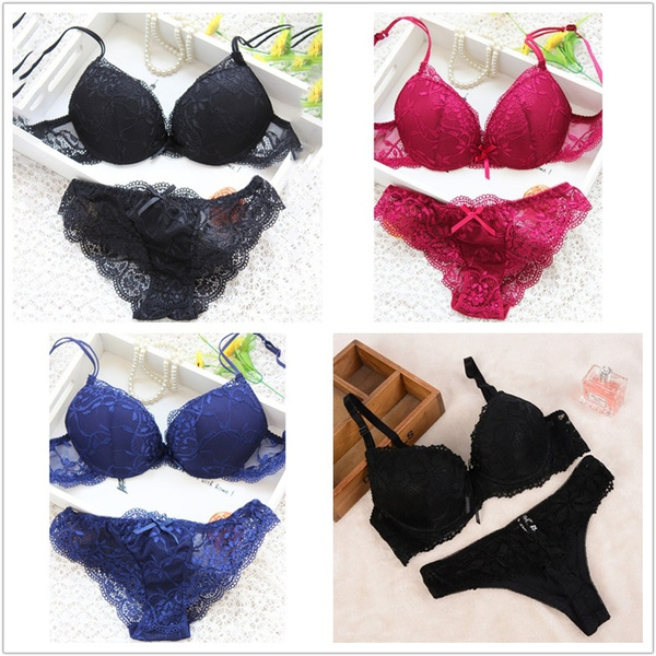 WEIXINBUY New Women Cute Sexy Underwear Satin Lace Embroidery Bra Sets With  Panties 