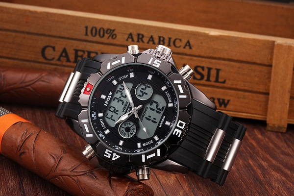 HPOLW Men LED Luxury Brand Waterproof Gold Watches Rubber Strap Quartz Analog Men Army Military Sport Watch Male Clock