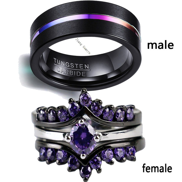 Sz5-12 (TWO RINGS) Couple Ring His Hers Tungsten Steel Men's Ring Black ...