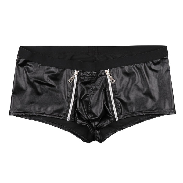 Men's Wetlook Leather Underwear Double Zipper Pouch Trunks Boxer Briefs