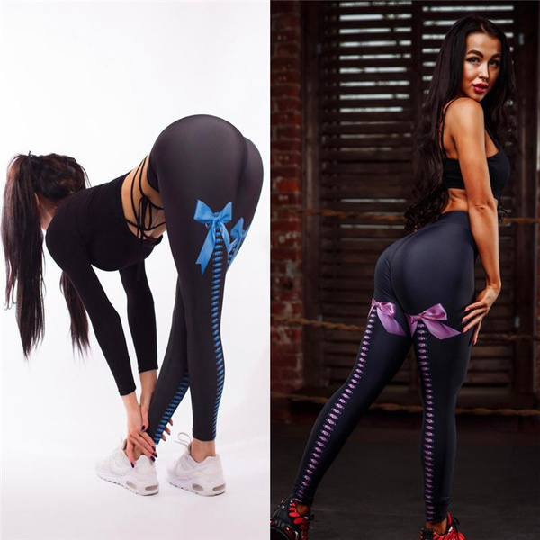 Women Bow-Tie Printed Leggings Fashion Gym Fitness Yoga Compression Pants  High Waist Slim Trousers