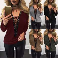 ZANZEA Women Lace Up V Neck Long Sleeve Ribbed Knitted Loose Tops Jumper Pullover S-5XL