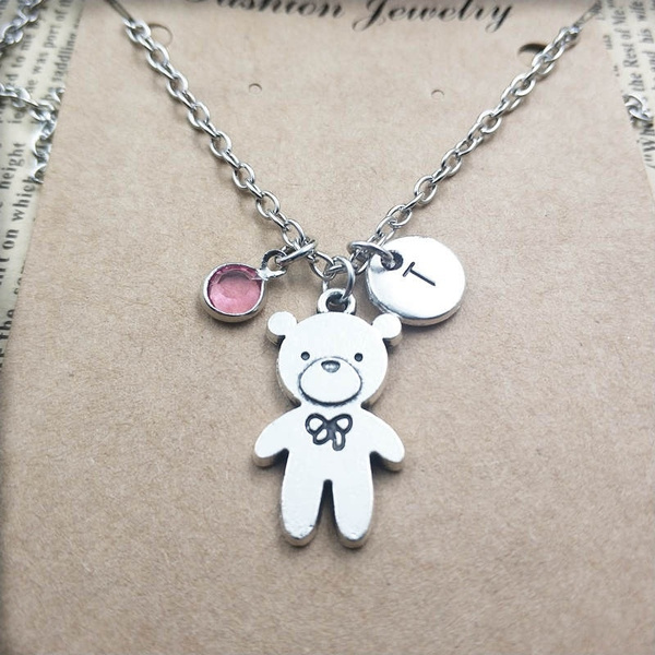 silver Teddy Bear Necklace pendants,Personalized Initial Pendant,Handmade jewelry  charm Birthstone Necklace,Creative Gifts | Wish