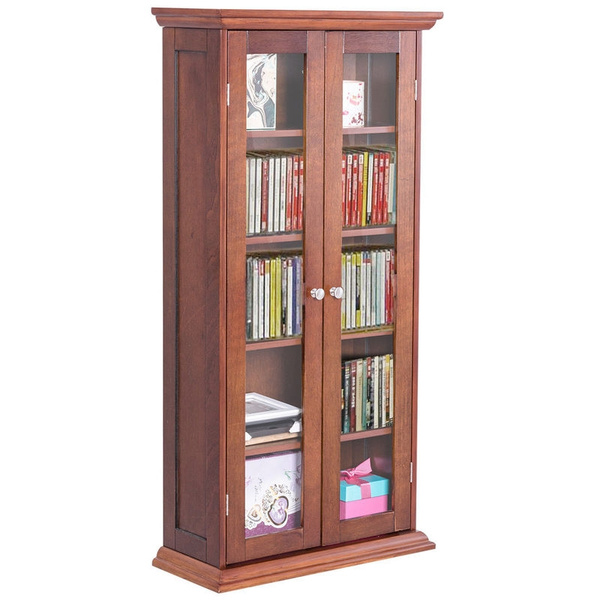 44 5 Wood Media Storage Cabinet Cd Dvd Shelves Tower Glass Doors Walnut Wish