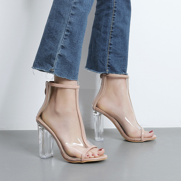 Pointy Toe Block Chunky Clear Perspex Lucite Heel Ankle Boot Bootie Shoes