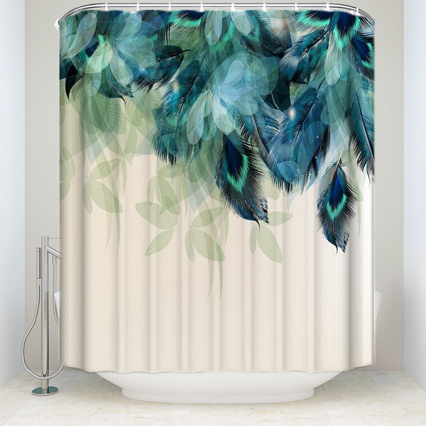 Watercolor Decor Shower Curtain Peacock Feather Pattern Waterproof