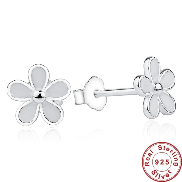 European Original 925 Sterling Silver Darling Daisy Stud Earrings for Women White Enamel Flower Earring sterling-silver-jewelry