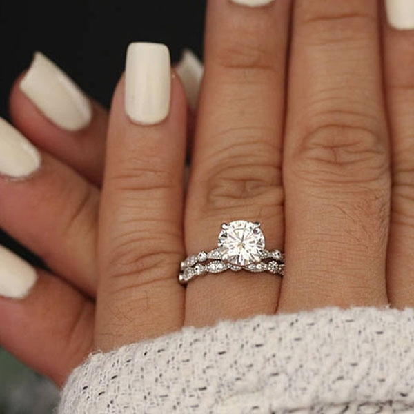 diamond milgrain band engagement ring