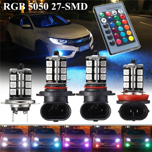 2X 9006 5050 LED 27 SMD RGB Car Headlight Fog Light Lamp Bulb W Remote Control 