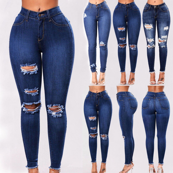 Fashion Womens High Waisted Skinny Ripped Denim Pants Slim Pencil Jeans Trousers 