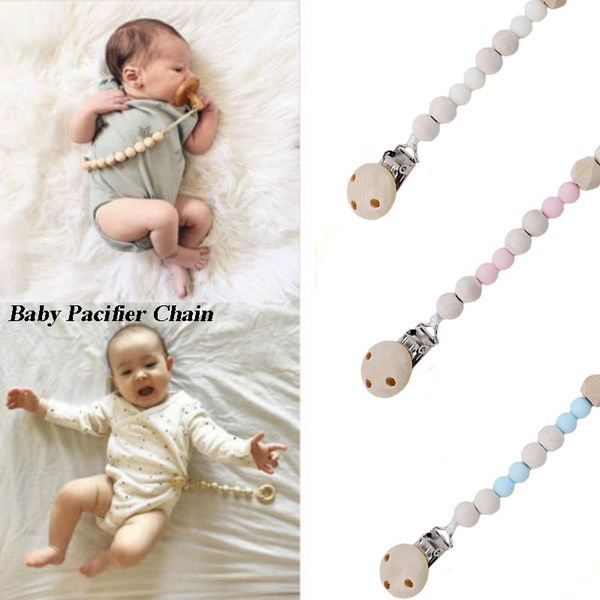 Baby Infant Wooden Beaded Pacifier Holder Clip Nipple Teether Dummy Strap Chain