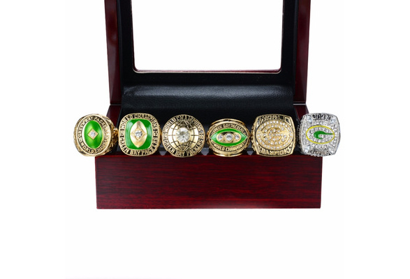 6PCS/Set Championship Ring Set Replica 1961 1965 1966 1967 1996 2010 Green  Bay Packer Super Bowl Collection Champion Ring With Wooden Box