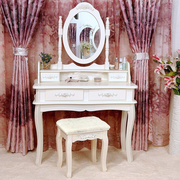 White Color Vanity Desk With Mirror, White Shabby Chic Makeup Vanity