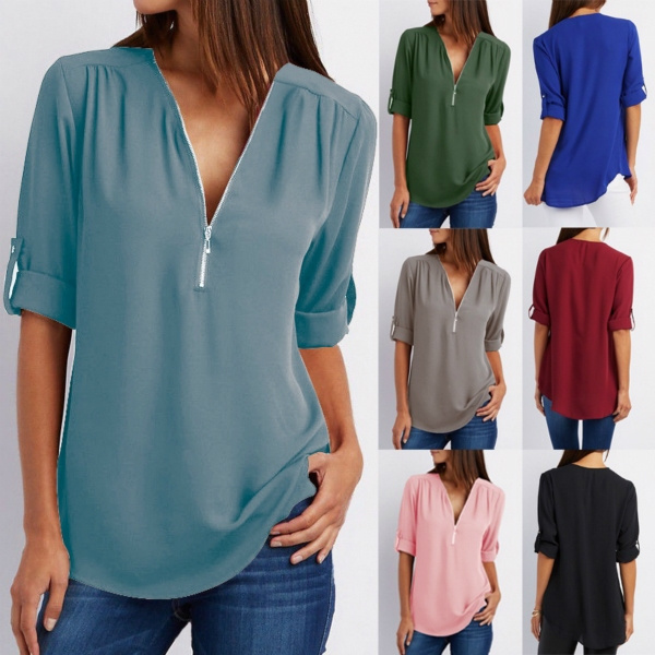 Women Deep V Neck Ladies Fashion Casual 3/4 Sleeves Tops Sexy Zipper  Pullover Plus Size T-Shirt Summer Loose Top Long Shirt Chiffon Blouse 14  Color