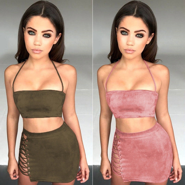 Women's Fashion Strappy Crop Top Mini Skirt Party Lace Up Dress Set