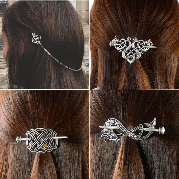 Silver Women Hair Jewelry Celtics Knot Hairpin Hair Clips Metal Stick Slide Clip