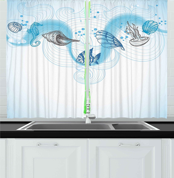 Nautical Kitchen Curtains Marine Theme Seashells Ocean Waves Fishes Seahorse Swirls Curves And Bubbles Window Drapes 2 Panels Set For Kitchen Cafe Bathroom Shower Curtain Wish