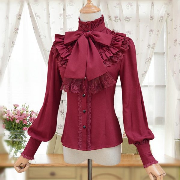Chiffon Ruffle Lace Bow Tie Vintage Gothic Lolita Casual Shirt  Blouse,White/Black/Wine Red/Blue