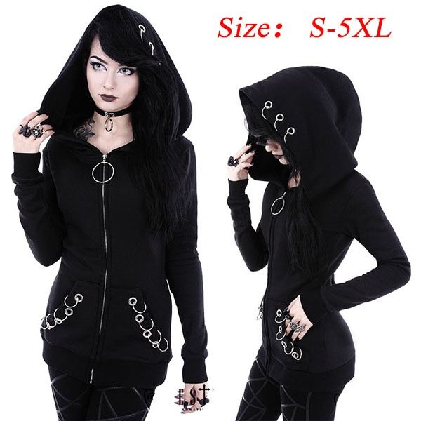 Gothic Punk Style Coat Autumn Winter New Women Fashion Witch Sweatshirt Hip Hop Rock Black Hoodies Casual Long Sleeve Tracksuit Hooded Jacket