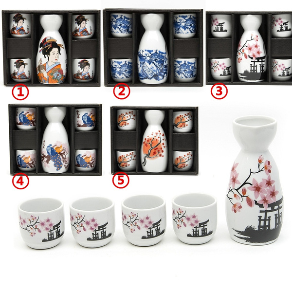 MT006 Japanese Ceramic Sake Set  Oracle Black Saki With Four Cups