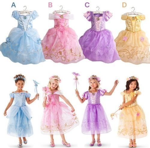 Kids Girls Aurora Sandy Rapunzel Belle Princess Party Fancy Dress Up Costume 