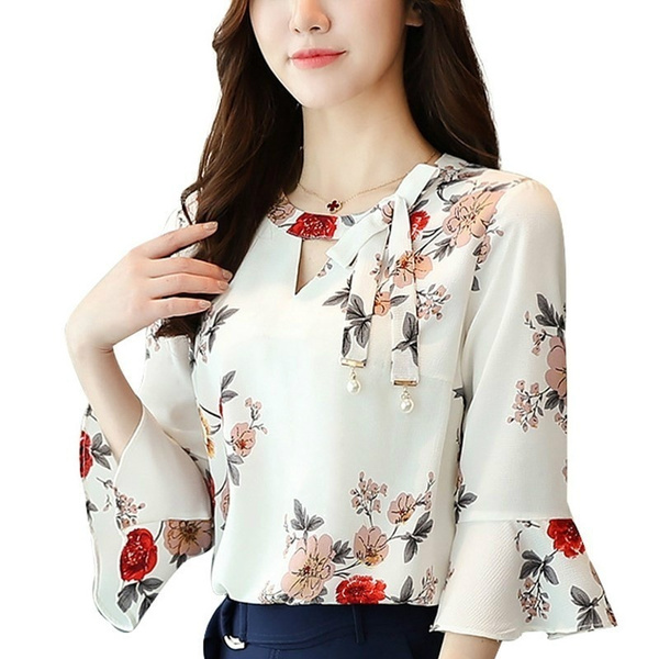 Top Office Floral Chiffon Loose T-Shirt Casual Fashion Shirt Lady Summer Blouse
