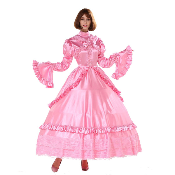 Details about   Sissy Girl Lockable Gothic Lolita Punk Satin Dress Crossdress Big Sleeve Costu @ 
