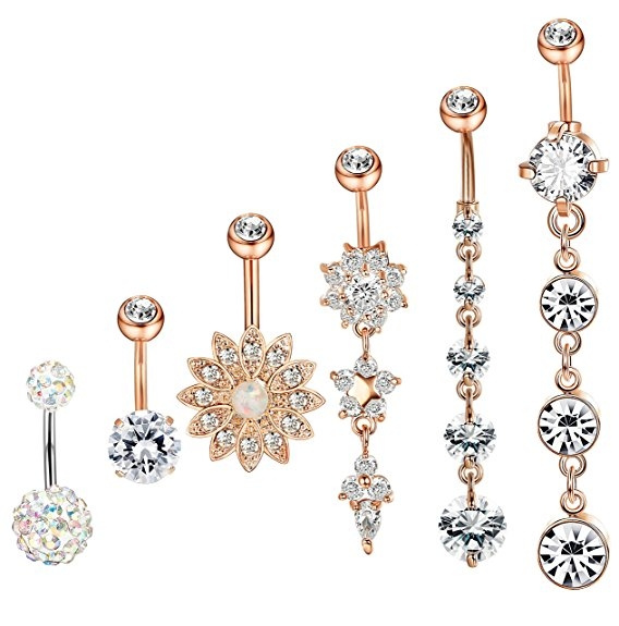 6pcs 14G Stainless Steel Dangle Belly Button Rings Body Piercing
