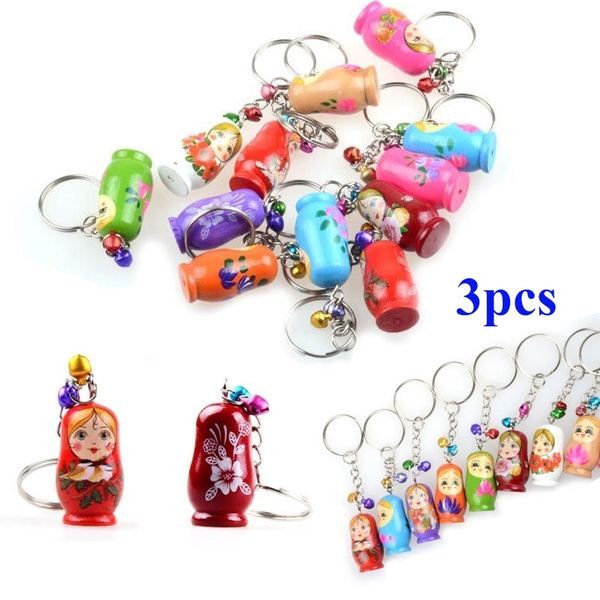 3pcs Russian Doll Cute Cartoon Characters Wooden Puppet Keychain 2018