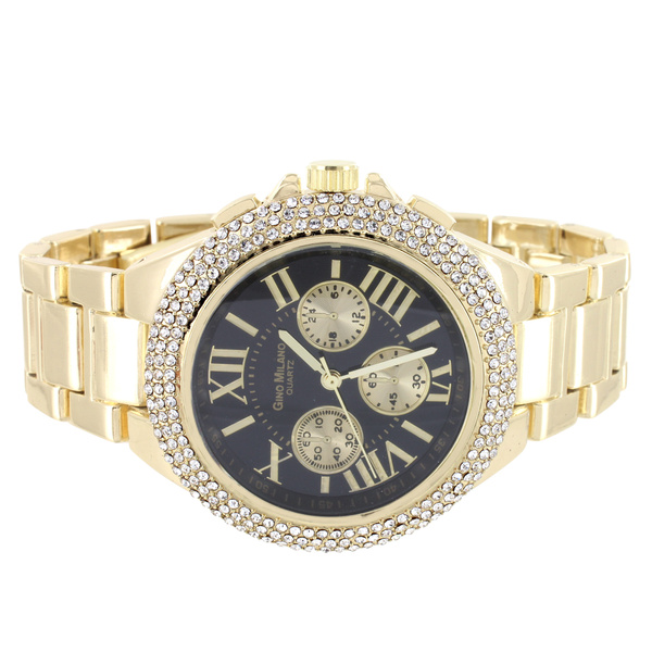 Simulated Diamond Watch Gino Milano Black Dial Roman Numeral Gold