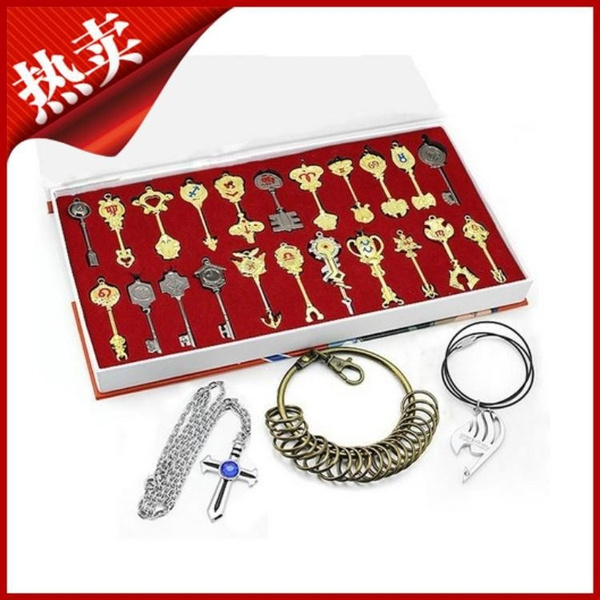 Anime Fairy Tail 22pcs Lucy's Zodiac Necklace Pendant Lucy Heartfilia Key  Set Cosplay Set with Free Gifts A Large Key Ring Magic Guild Sign Necklace  Gray Cross Necklace (Size: One Size, Color
