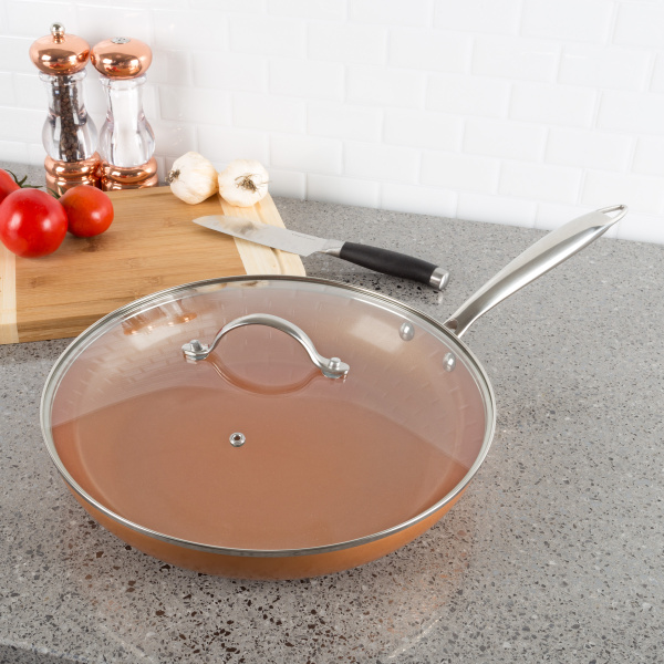 12 Inch Frying Pan with Lid Copper Finish Induction Cooking Oven Stove