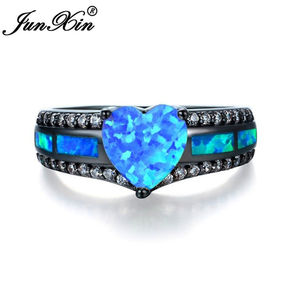 JBL Women Unique Double Row White Zircon Arrow Blue Fire Opal Heart Black Gold Filled Wedding Ring