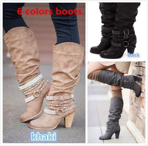 buckle strap heeled boots