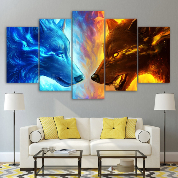 Unframed Fire And Ice By Jojoes Art Hd Print 5 Piece Canvas Art 2 Wolf Wolves Wall Art Picture Home Decoration Wish