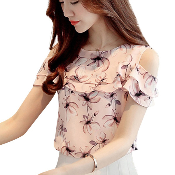 Meaneor Womens Off Shoulder Short Sleeve Floral Print Chiffon Tops