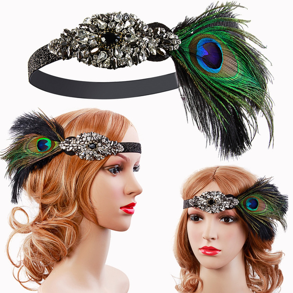 Black & Silver Peacock Feather Headband Headdress 1920s Great Gatsby Flapper V87 