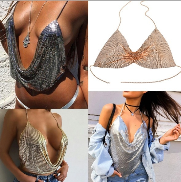 Fashion Summer Beach Women Sequins Tube Top Bra Metal Chain Camis Sexy Lady  Night Club Vest Underwear Girl Party Gift