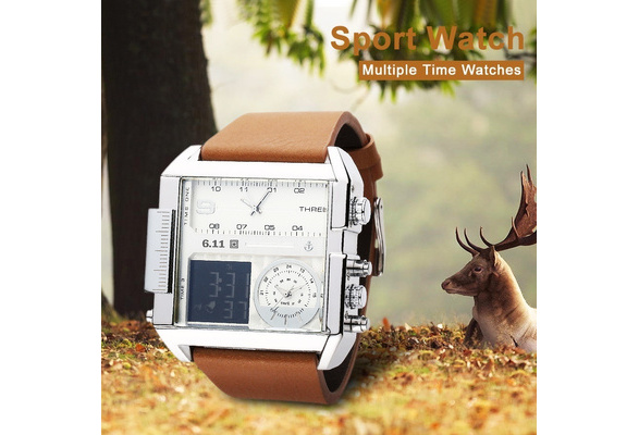6.11 Square Men Watch Multiple Time Zone Quartz Watches Mens Leather Led  Wristwatch Waterproof Watch