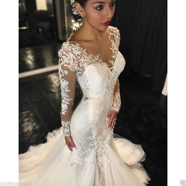Mermaid Wedding Dresses 2015 Hot Sell Plus Size White Lace V Neck Fishtail 