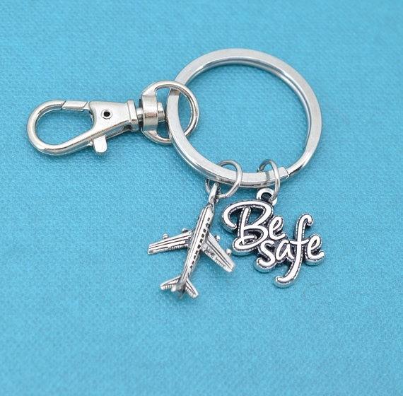 Gift for Pilot Pilot or Flight Attendant keychain with silver toned airplane and Be Safe Word Charm Gift for Flight attendant.